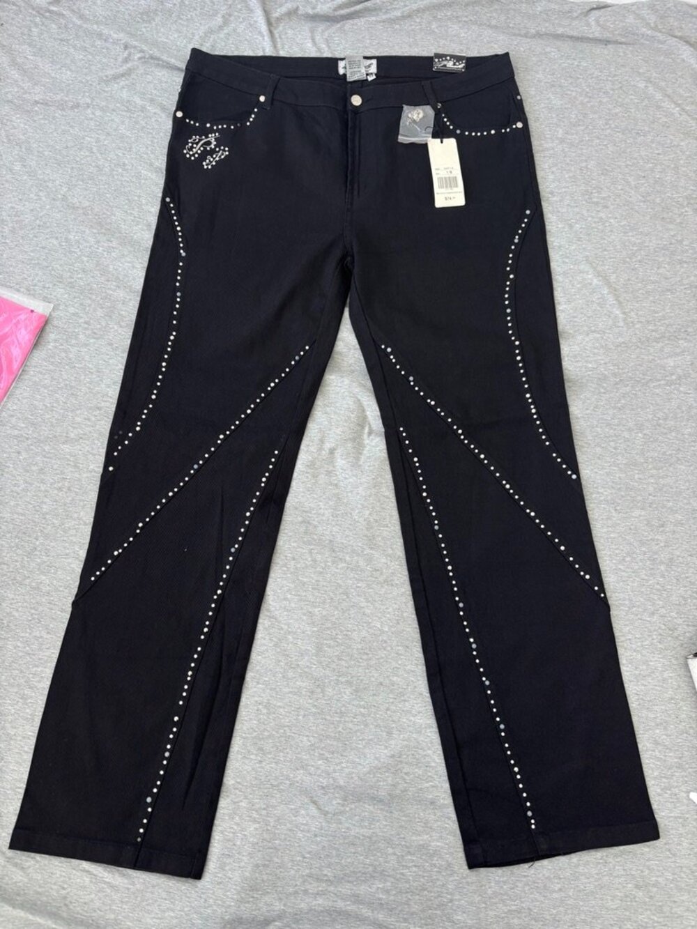 Platinum Plush Rhinestone Jeans 19 Black Y2K Bling Studded Straight Leg NWT Flaw